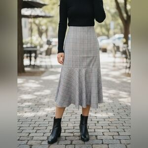 Zara Plaid Fluted Midi Skirt Pink Gray Houndstooth Large